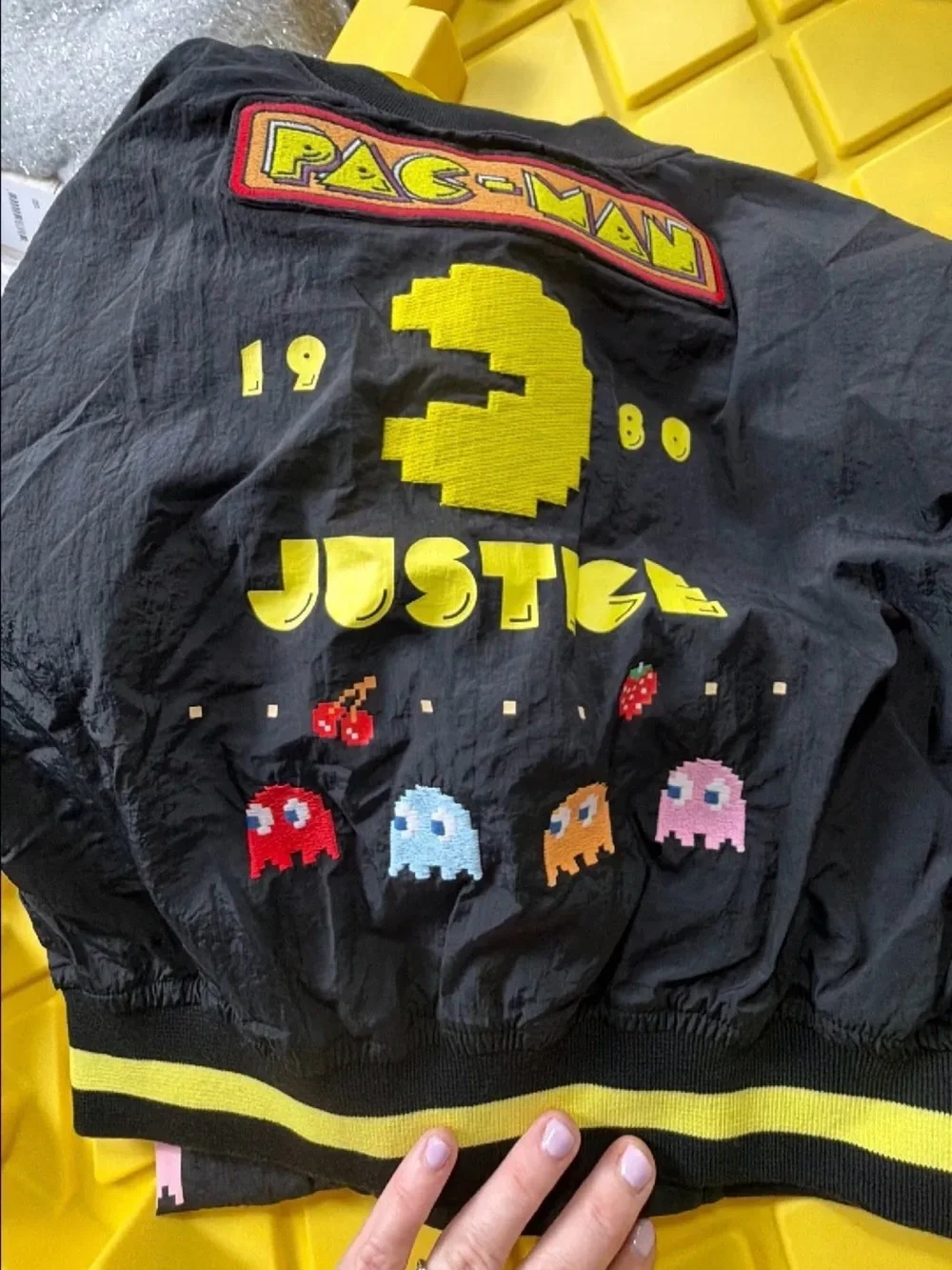 Pac-Man Graphic Kids Black and Yellow Bomber Jacket by Justice Size Small NWT